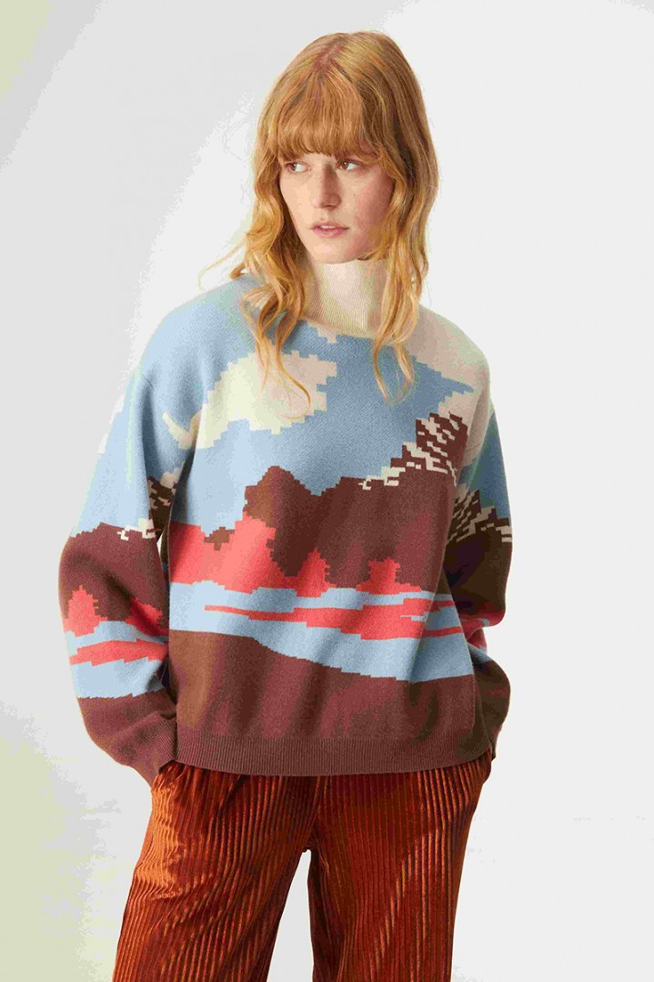 COMPANIA FANTASTICA  MOUNTAIN PRINT JACQUARD KNITTED JUMPER WITH POLO NECK