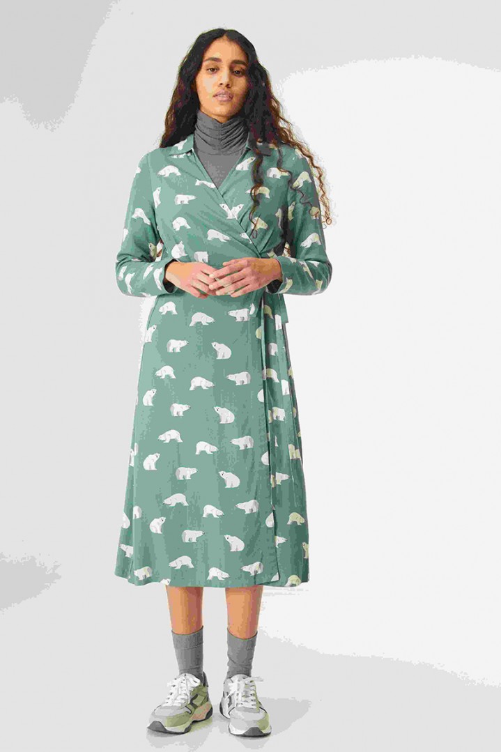 COMPANIA FANTASTICA  POLAR BEAR PRINT MIDI WRAP-EFFECT SMOCK DRESS 100% Viscose